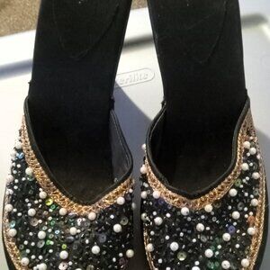 MPS Black Satin Sequin / Beaded Mule Style Heels - Women's Size 10 - Gorgeous!